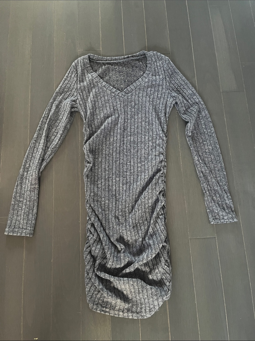 Ribbed V-Neck Long Sleeve Bodycon Dress with ruched sides